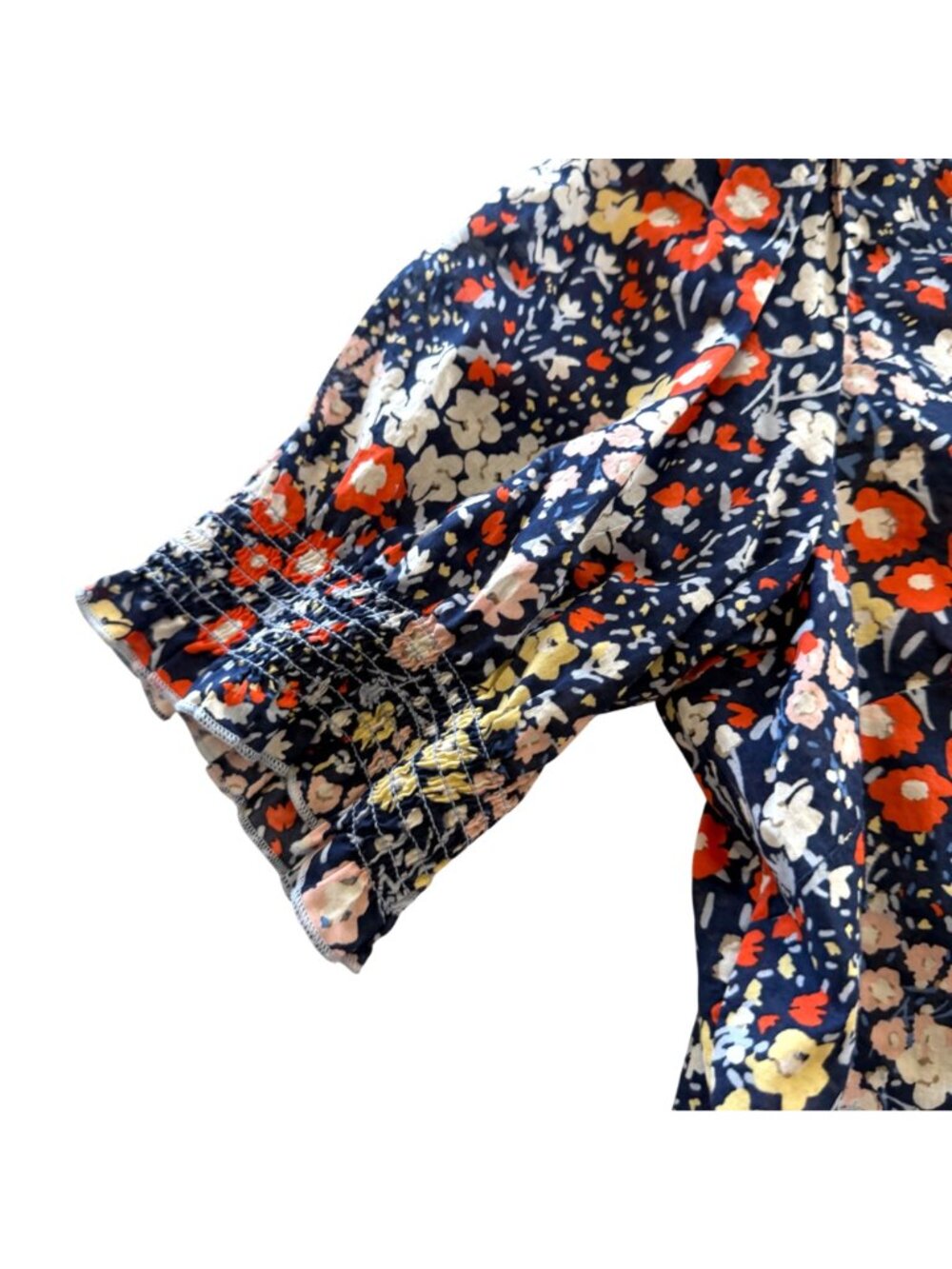 Talbots Ruffle Trim Top L Womens Navy Blue Floral Cotton Short Sleeve Blouse - Picture 4 of 10